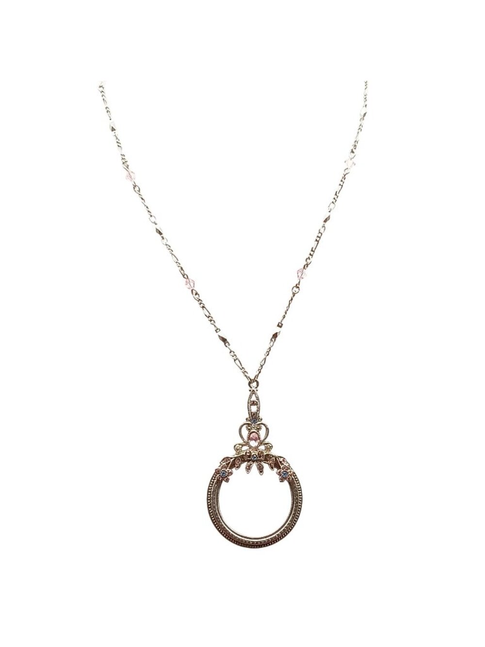 Vintage Inspired 1928 Silver-Tone Magnifying Glass Pendant Necklace w/ Pink Acce